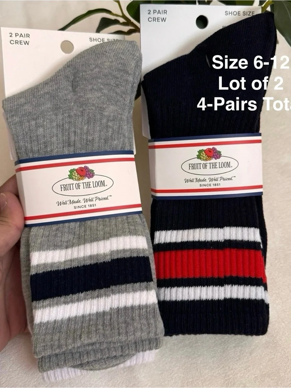 Fruit of the Loom Mens Americana Crew Socks, 2-Pack , Lot of 2